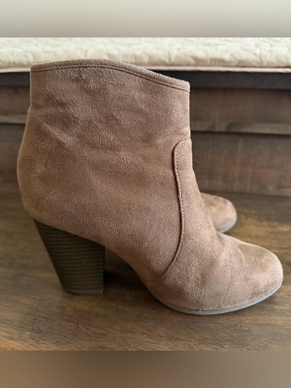 Women's Suede Ankle Bootie in Taupe - Classic Heel